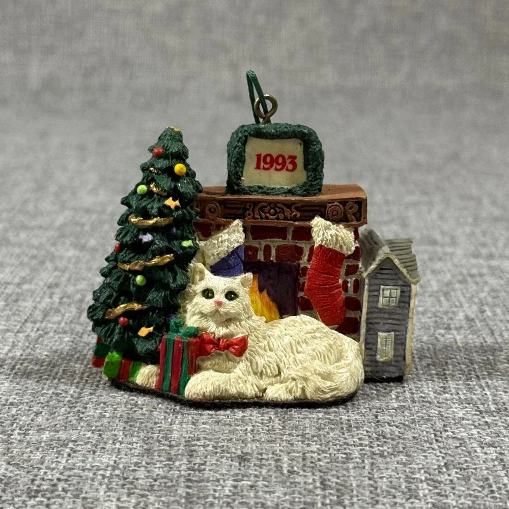 VTG Fancy Feast Cat Ornament 1993 White Persian Fireplace Christmas Tree Kitsch